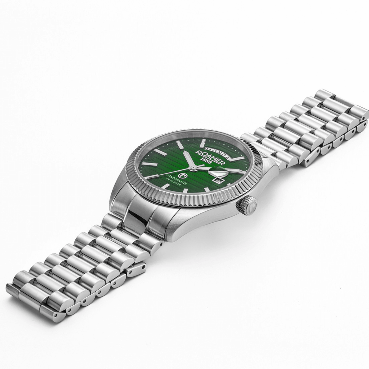 Ανδρικό ρολόι Roamer Primeline Day-Date II 981666-41-75-50 αυτόματο με ασημί ατσάλινο μπρασελέ & στρογγυλό πράσινο καντράν 42mm.