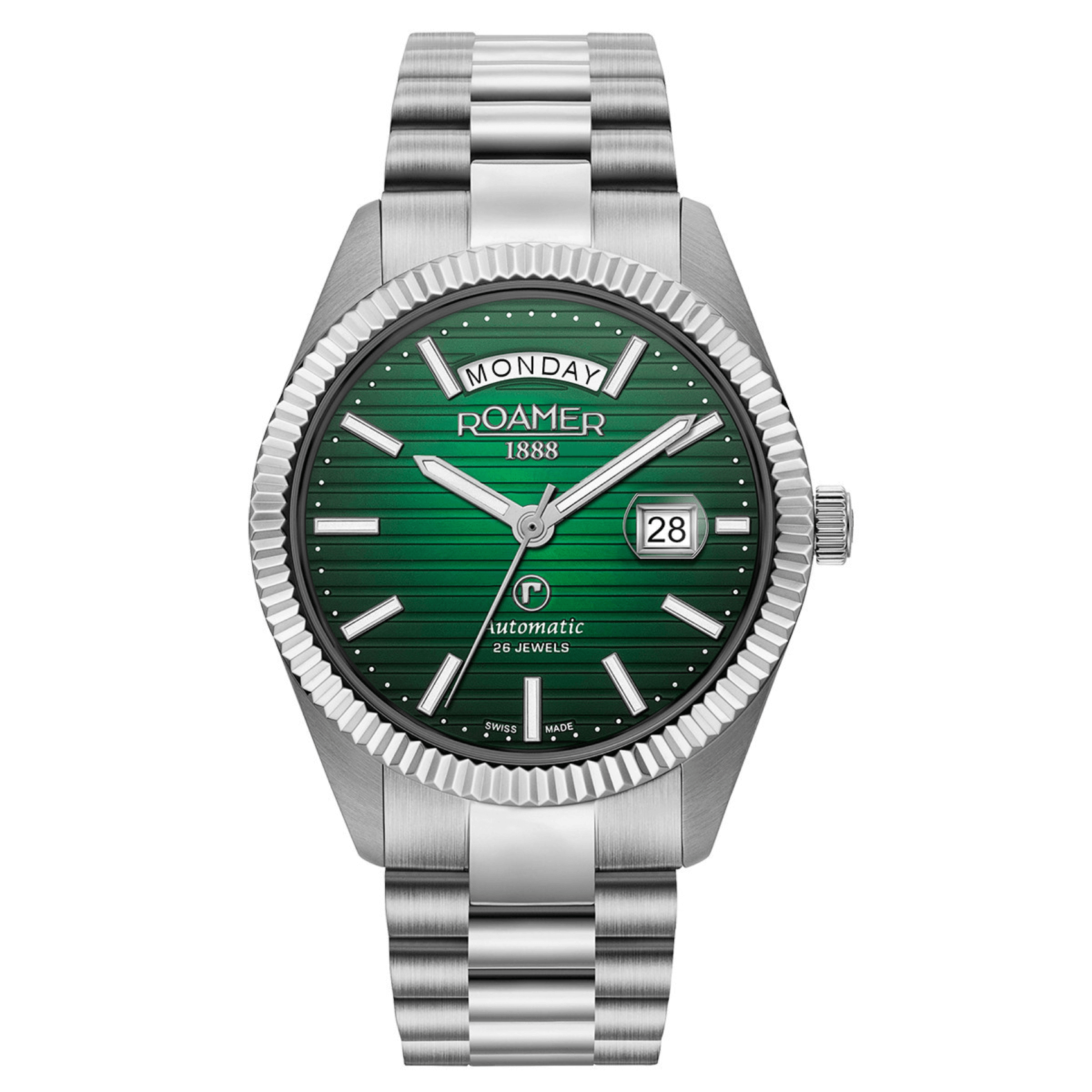 Ανδρικό ρολόι Roamer Primeline Day-Date II 981666-41-75-50 αυτόματο με ασημί ατσάλινο μπρασελέ και στρογγυλό πράσινο καντράν διαμέτρου 42mm.