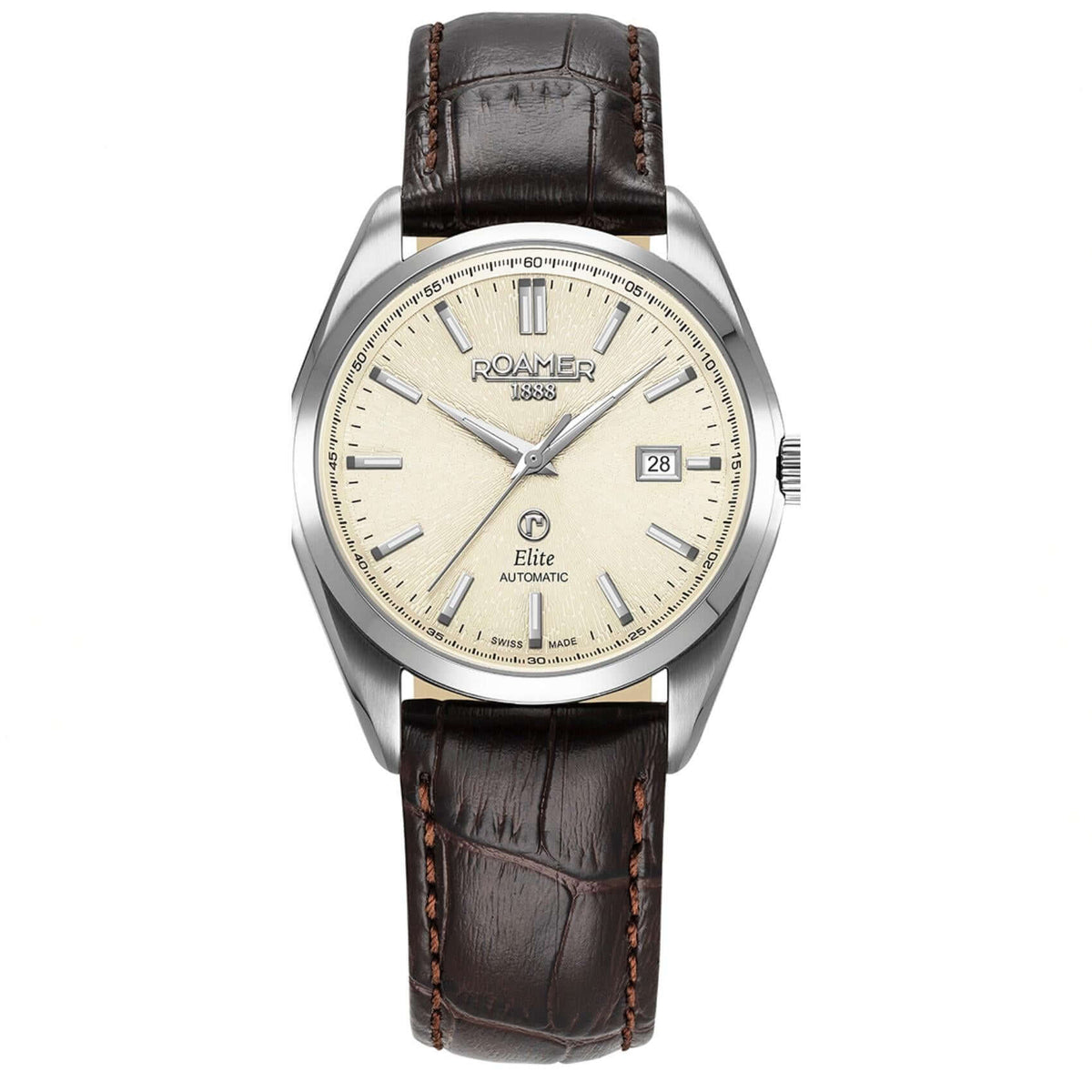 Αυτόματο ρολόι Roamer Elite 970983-41-05-20 με καφέ δερμάτινο λουράκι & μπεζ καντράν διαμέτρου 42mm με ζαφείρι