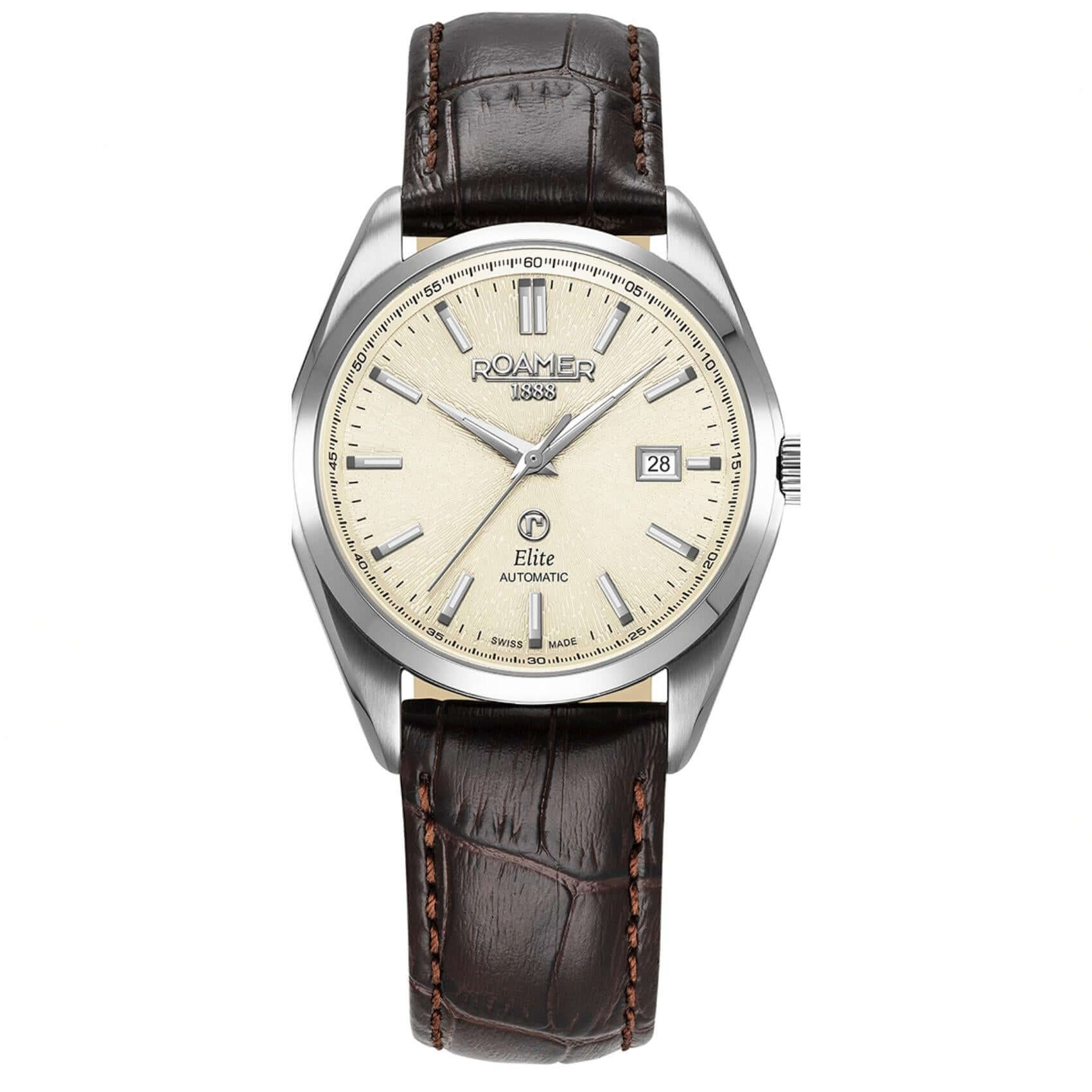 Αυτόματο ρολόι Roamer Elite 970983-41-05-20 με καφέ δερμάτινο λουράκι & μπεζ καντράν διαμέτρου 42mm με ζαφείρι