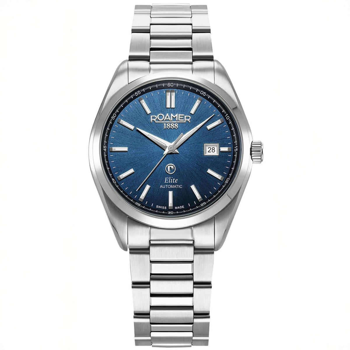 Αυτόματο ρολόι Roamer Elite 970983-41-45-20 box set με ασημί μπρασελέ & μπλε καντράν διαμέτρου 42mm.