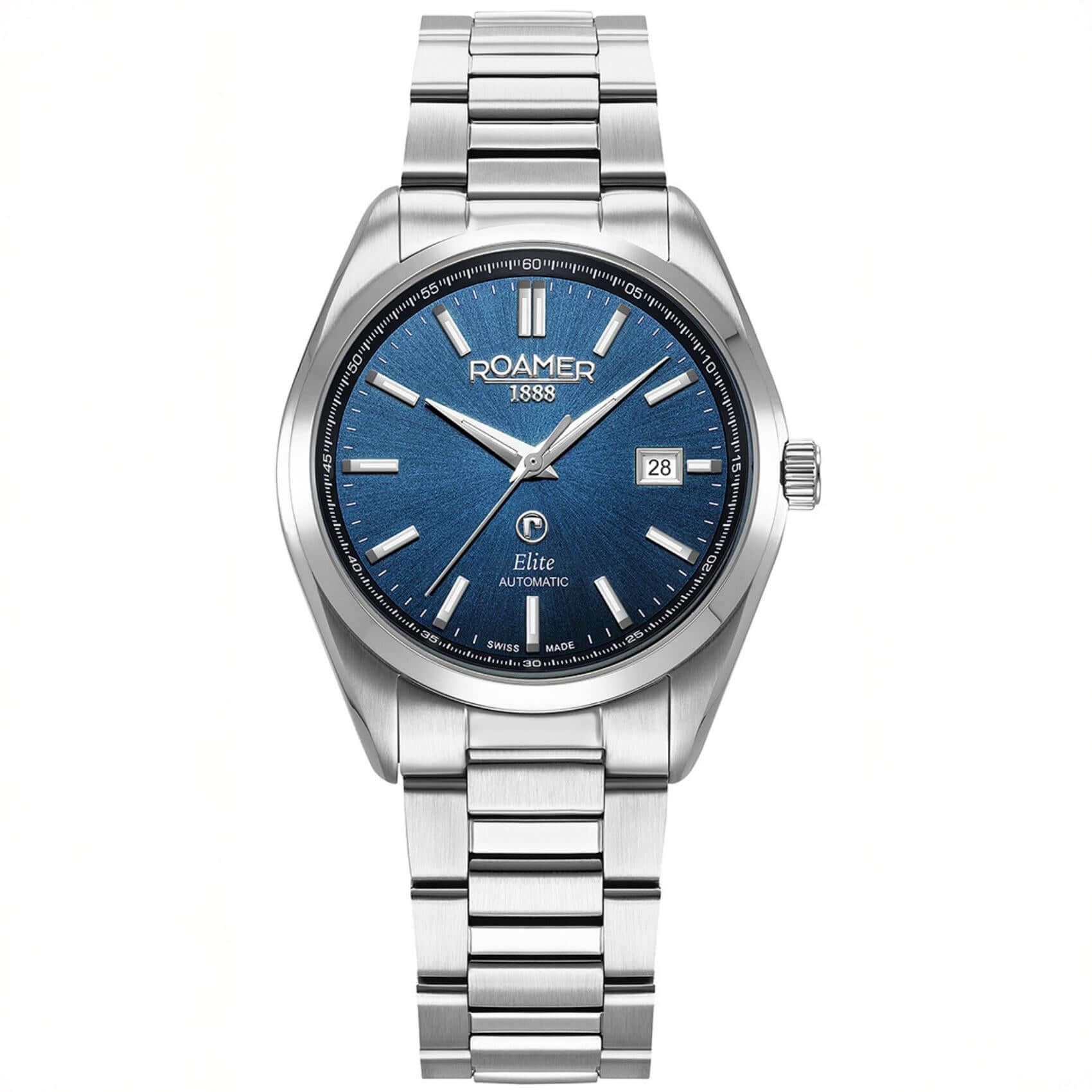 Αυτόματο ρολόι Roamer Elite 970983-41-45-20 box set με ασημί μπρασελέ & μπλε καντράν διαμέτρου 42mm.