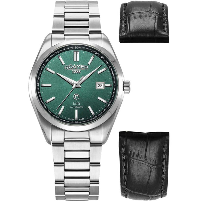 Ανδρικό ρολόι Roamer Elite 970983-41-75-20 box set με ασημί ατσάλινο μπρασελέ, μαύρο δερμάτινο λουράκι για αλλαγή και πράσινο καντράν διαμέτρου 42mm.