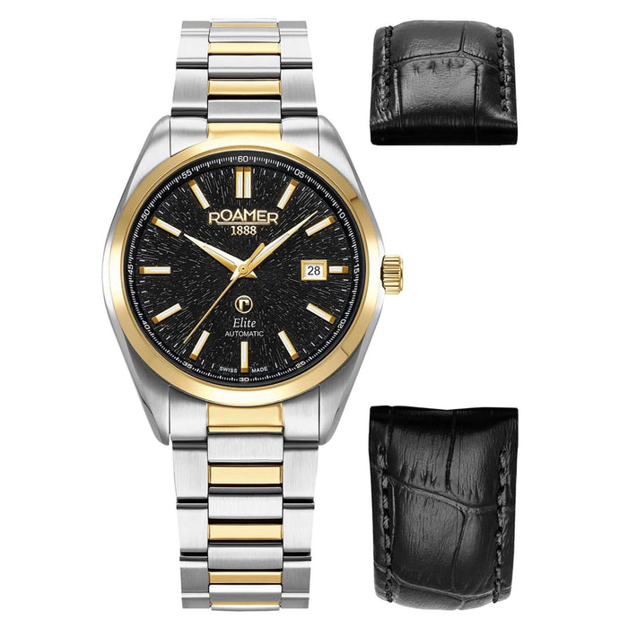 Αυτόματο ρολόι Roamer Elite 970983-47-85-20 με ασημί-χρυσό μπρασελέ, μαύρο δερμάτινο λουράκι για αλλαγή & μαύρο καντράν 42mm.