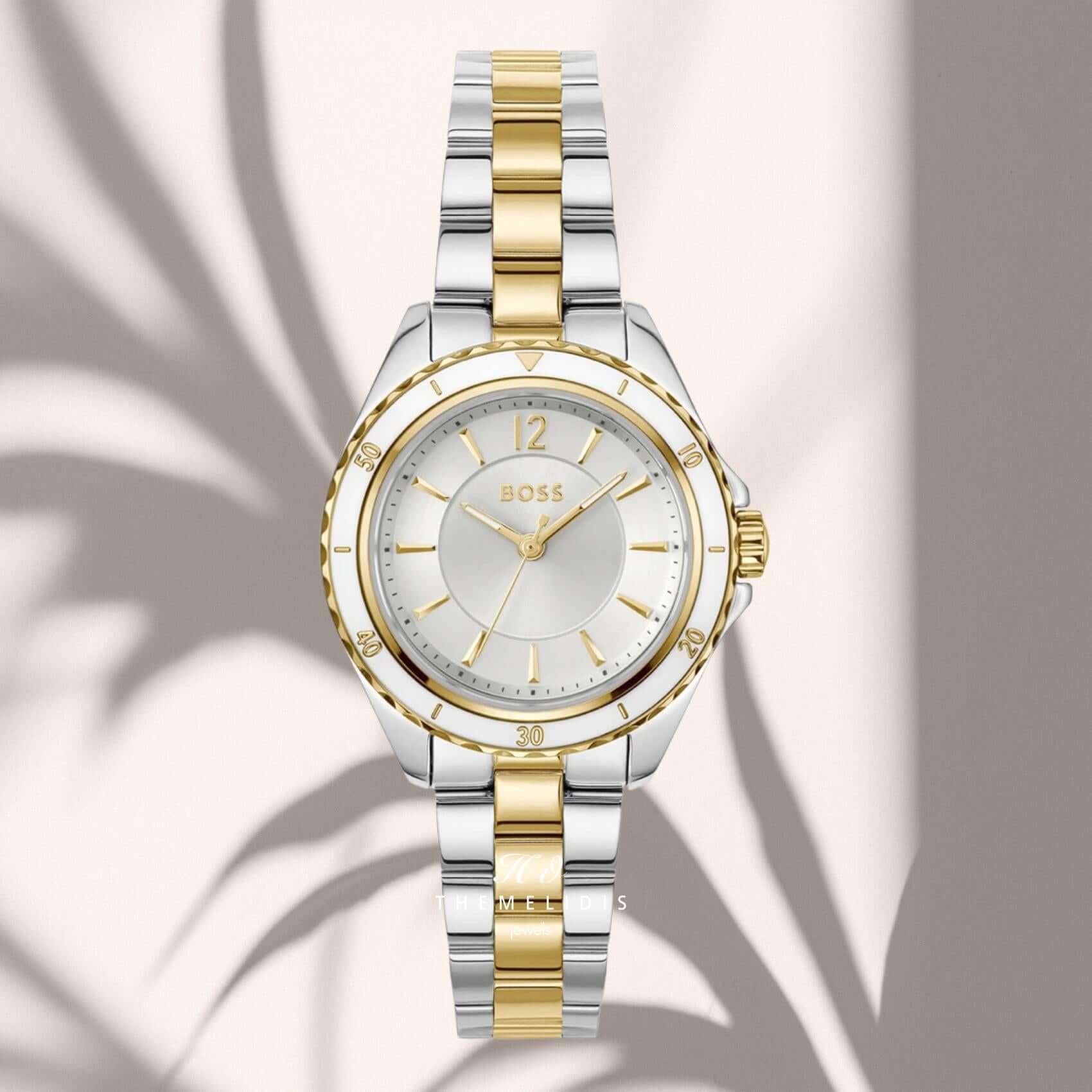 Boss 1502848 γυναικείο ρολόι Sage Aqua με δίχρωμο ασημί-χρυσό μπρασελέ, ασημί καντράν 30mm και χρυσές λεπτομέρειες.