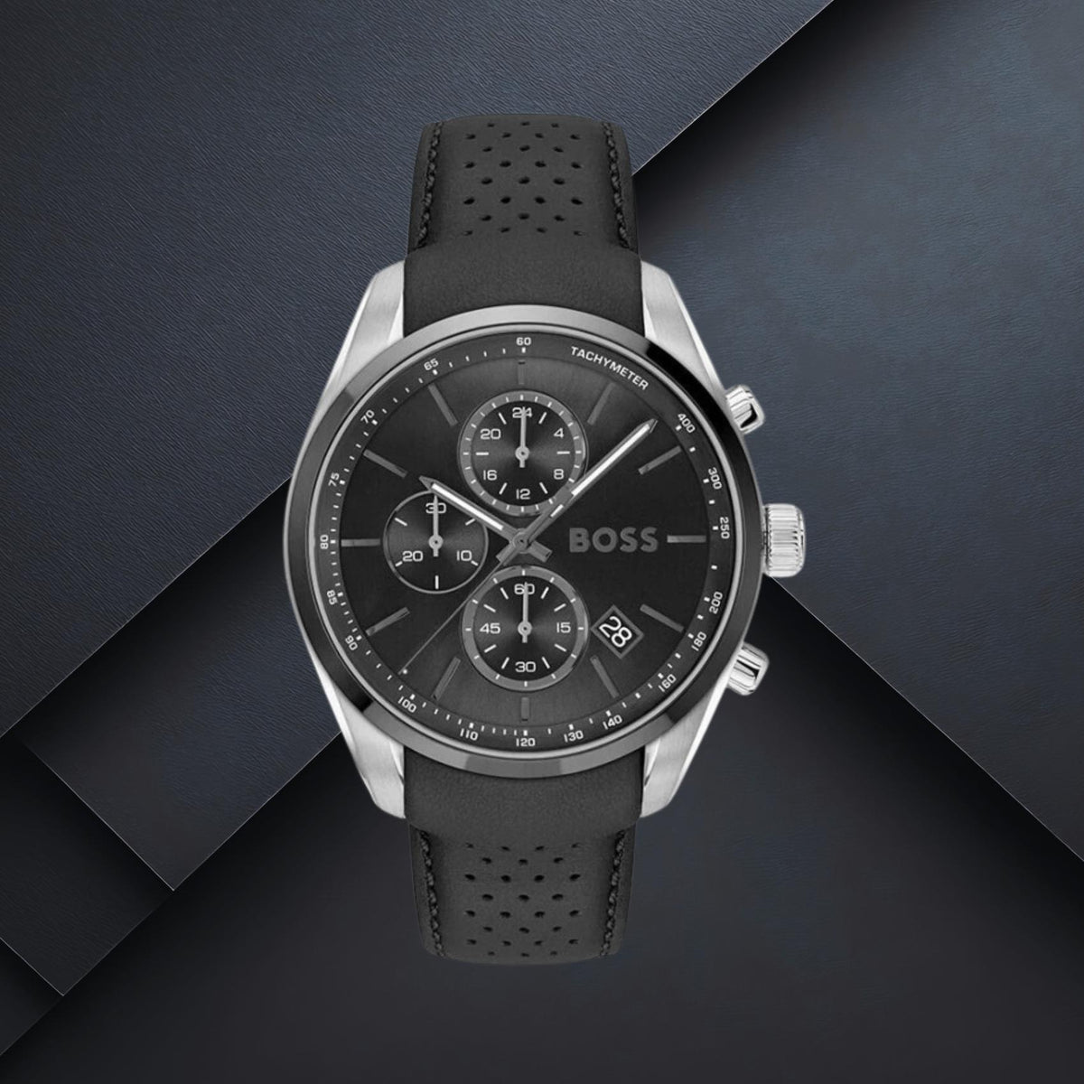 Ανδρικό ρολόι Boss Grand Prix 1514224 με μαύρο καντράν 44mm, στεγανότητα 5ATM και μαύρο δερμάτινο λουράκι