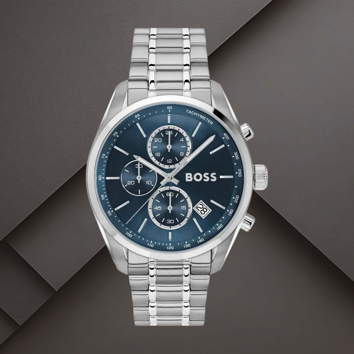 Boss 1514226 ανδρικό ρολόι Grand Prix με ασημί μπρασελέ, μπλε καντράν 44mm, χρονογράφο, ταχύμετρο και ένδειξη ημερομηνίας.