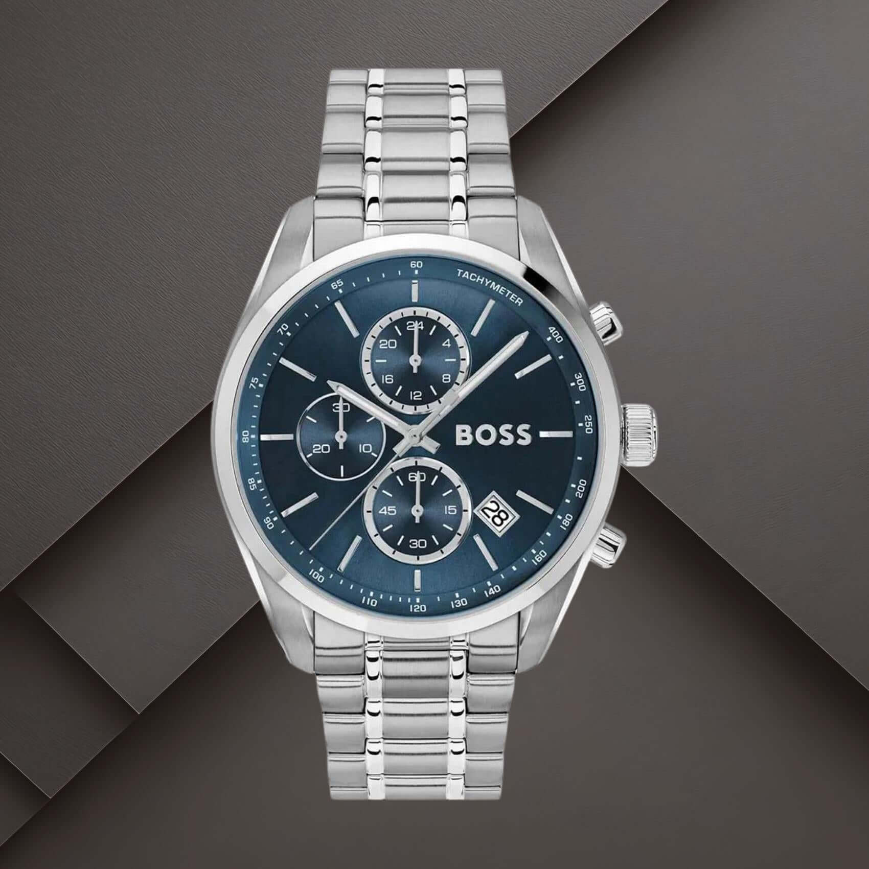 Boss 1514226 ανδρικό ρολόι Grand Prix με ασημί μπρασελέ, μπλε καντράν 44mm, χρονογράφο, ταχύμετρο και ένδειξη ημερομηνίας.