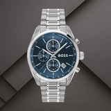 Boss 1514226 ανδρικό ρολόι Grand Prix με ασημί μπρασελέ, μπλε καντράν 44mm, χρονογράφο, ταχύμετρο και ένδειξη ημερομηνίας.