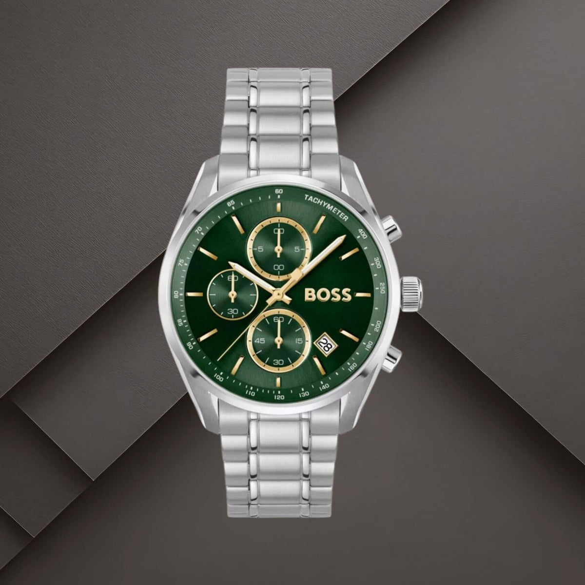 Boss 1514265 ανδρικό ρολόι Grand Prix χρονογράφος με ασημί μπρασελέ, πράσινο καντράν 40mm και ένδειξη ημερομηνίας.