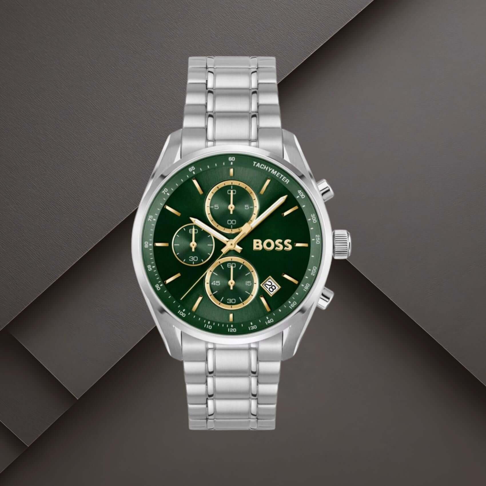 Boss 1514265 ανδρικό ρολόι Grand Prix χρονογράφος με ασημί μπρασελέ, πράσινο καντράν 40mm και ένδειξη ημερομηνίας.