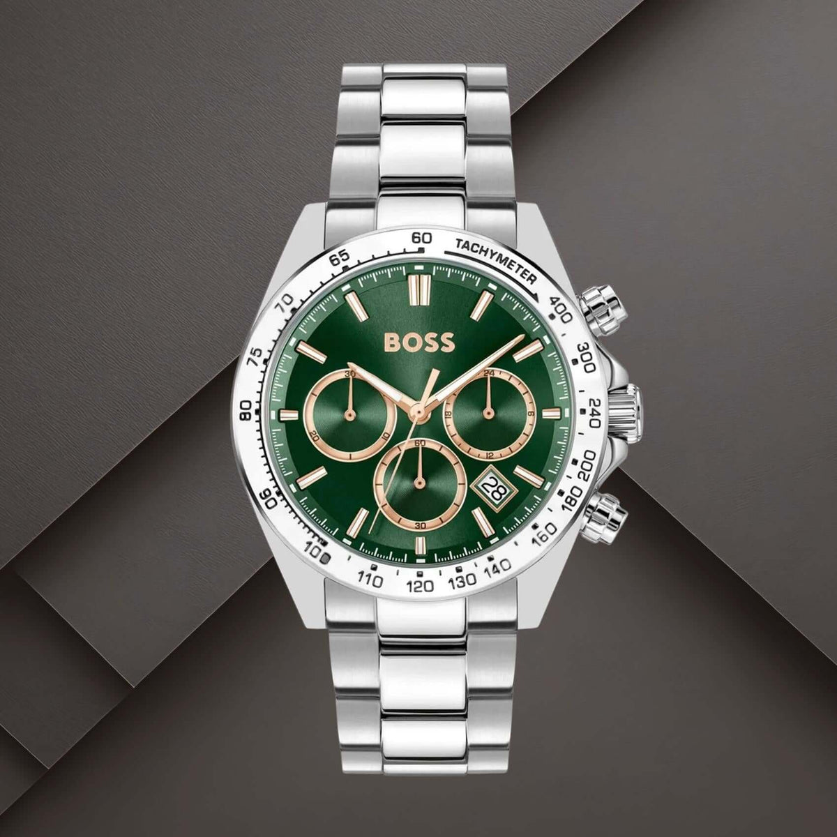 Boss 1514268 ανδρικό ρολόι Hero χρονογράφος με ασημί μπρασελέ, πράσινο καντράν 43mm και ένδειξη ημερομηνίας.