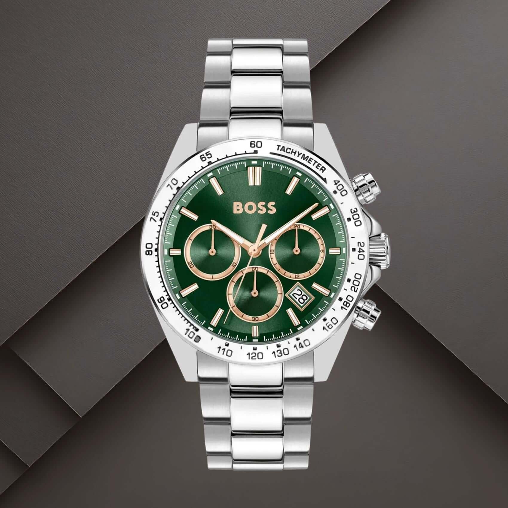 Boss 1514268 ανδρικό ρολόι Hero χρονογράφος με ασημί μπρασελέ, πράσινο καντράν 43mm και ένδειξη ημερομηνίας.