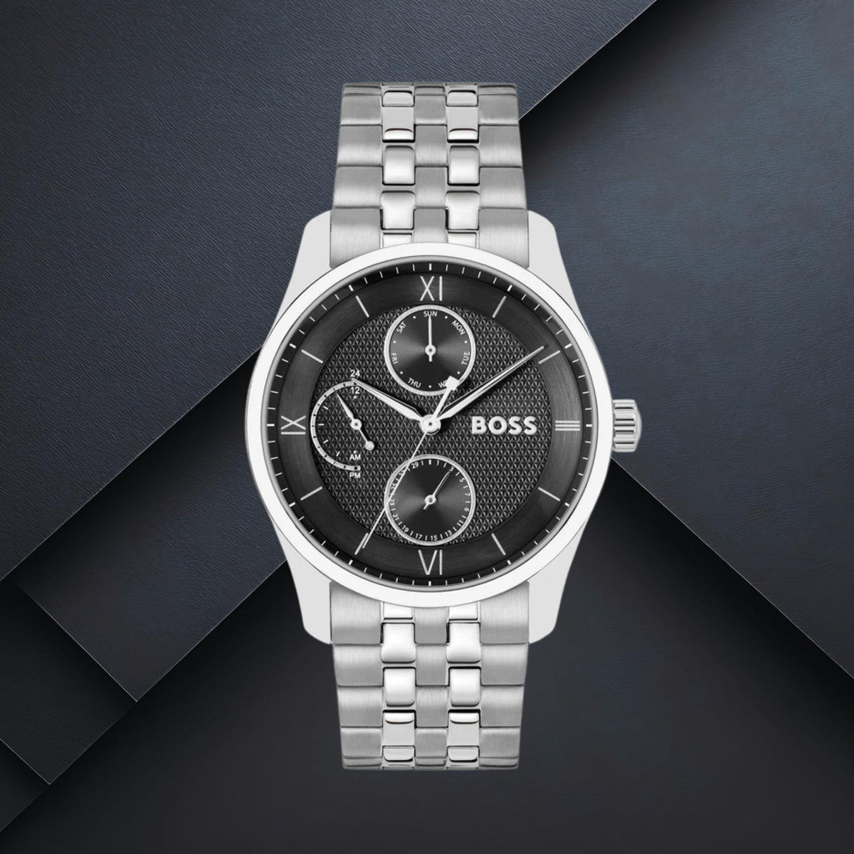 Ανδρικό ρολόι Boss Master 1514274 με μαύρο καντράν 41mm, στεγανότητα 5ATM και ασημί μπρασελέ