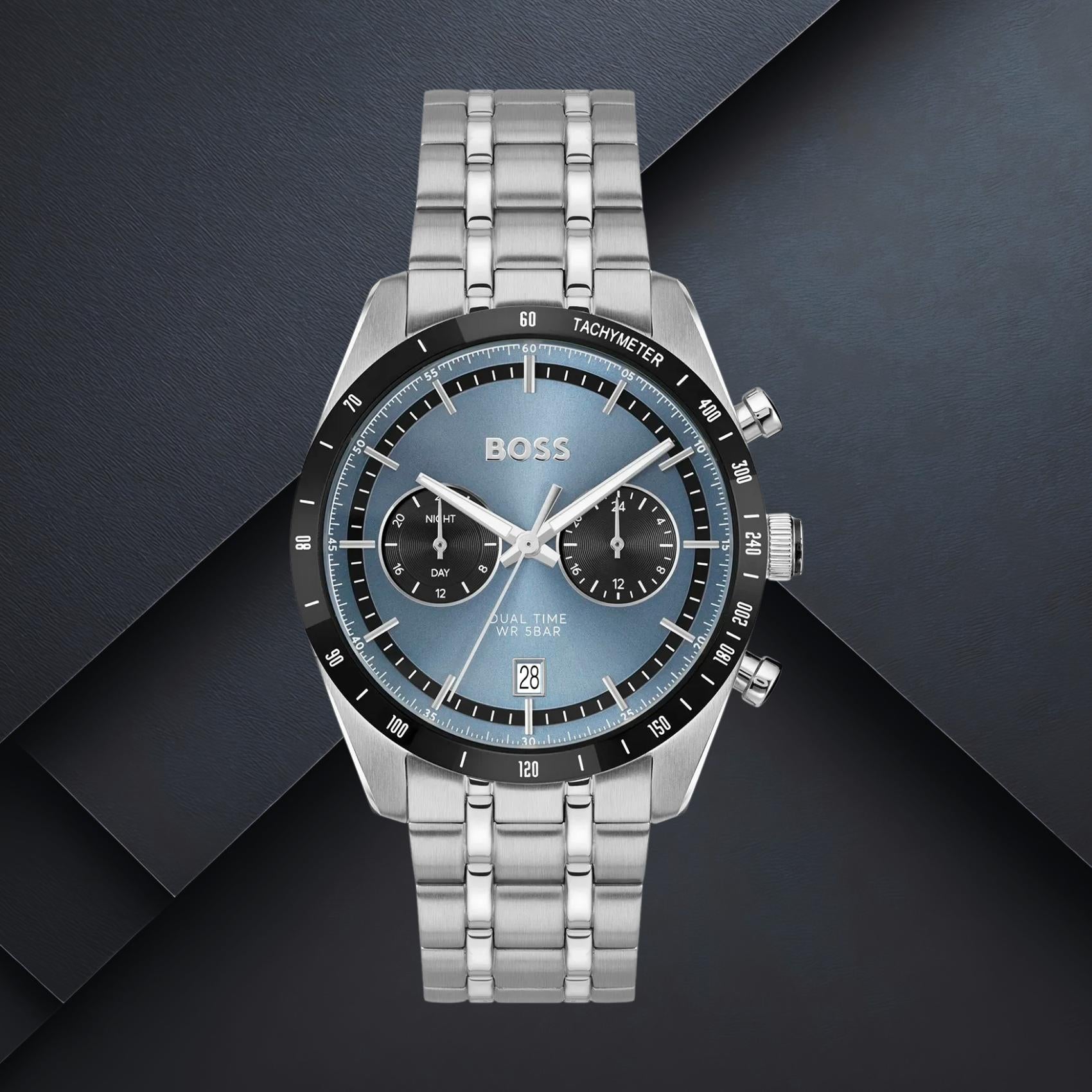 Ανδρικό ρολόι Boss Tourmaster 1514286 με μπλε καντράν 41mm, στεγανότητα 5ATM και ασημί μπρασελέ
