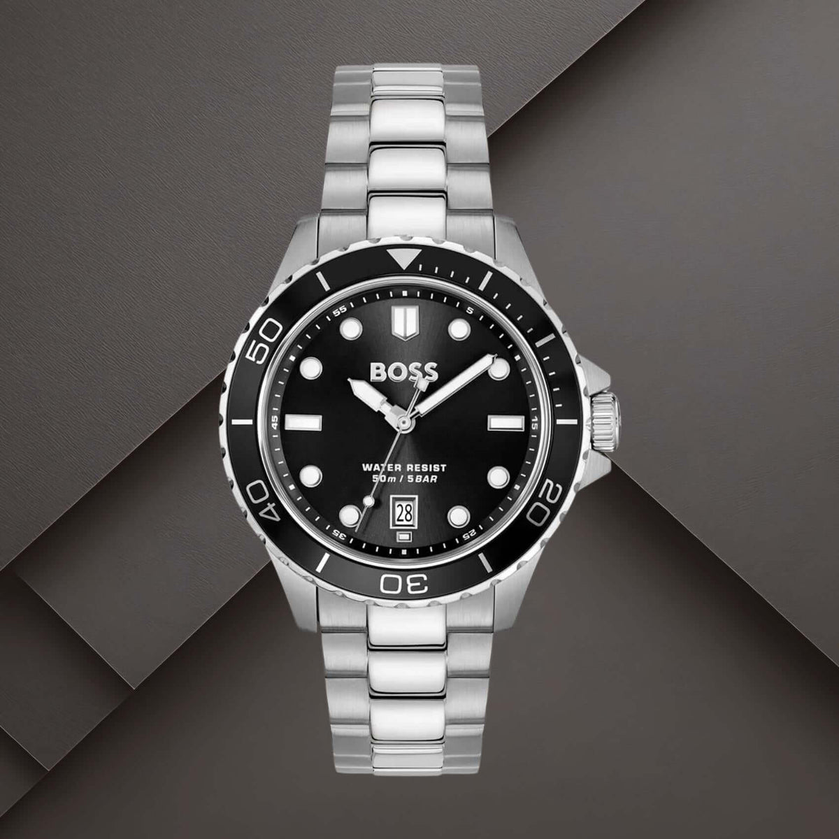 Boss 1514295 ανδρικό ρολόι Troper με ασημί μπρασελέ, μαύρο καντράν 42mm και ένδειξη ημερομηνίας.