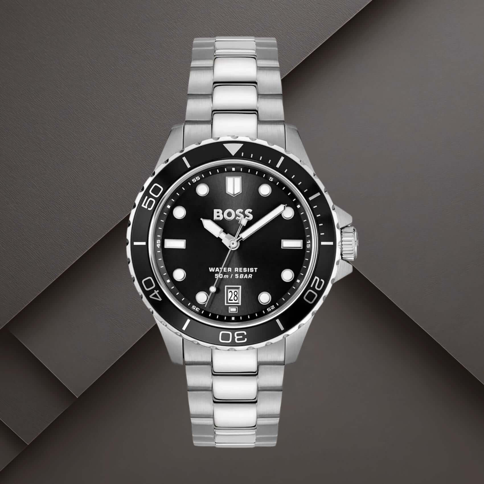 Boss 1514295 ανδρικό ρολόι Troper με ασημί μπρασελέ, μαύρο καντράν 42mm και ένδειξη ημερομηνίας.