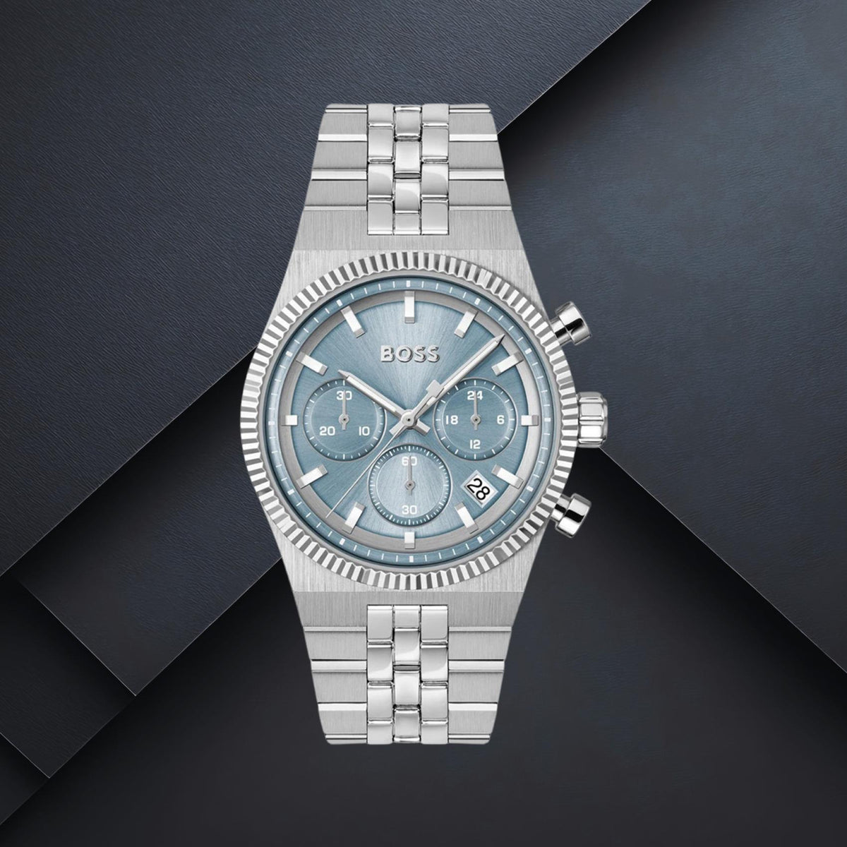 Ανδρικό ρολόι Boss Candor Prime 1514306 με γαλάζιο καντράν 41mm, στεγανότητα 5ATM και ασημί μπρασελέ