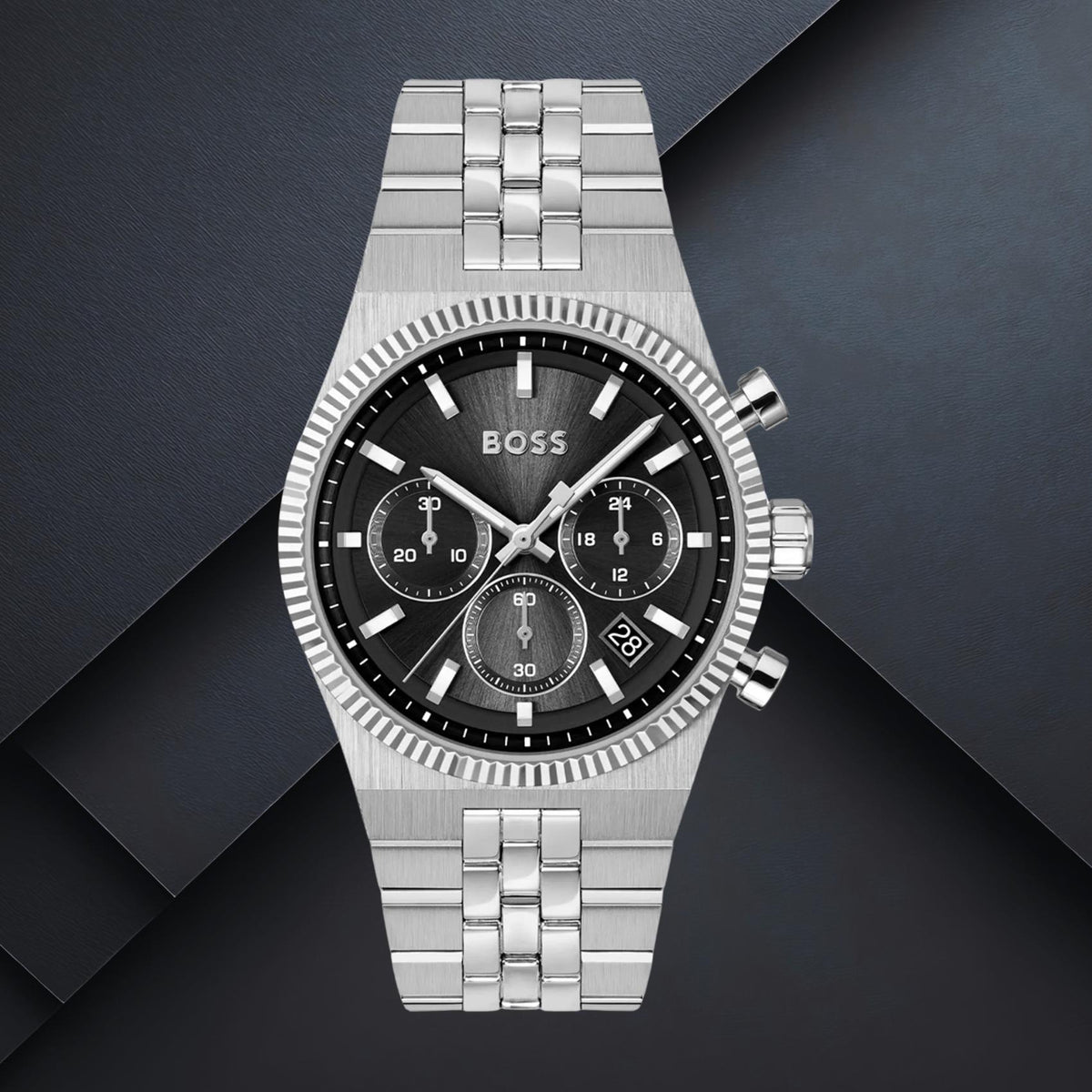 Ανδρικό ρολόι Boss Candor Prime 1514307 με μαύρο καντράν 41mm, στεγανότητα 5ATM και ασημί μπρασελέ