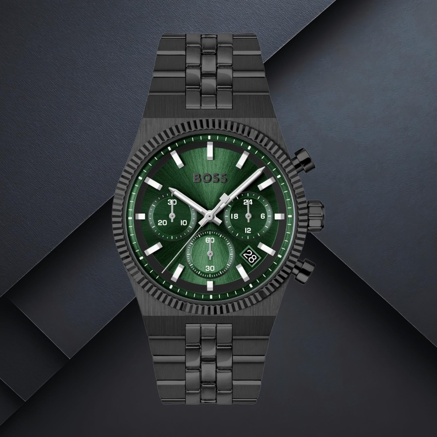 Ανδρικό ρολόι Boss Candor Prime 1514308 με πράσινο καντράν 41mm, στεγανότητα 5ATM και μαύρο μπρασελέ