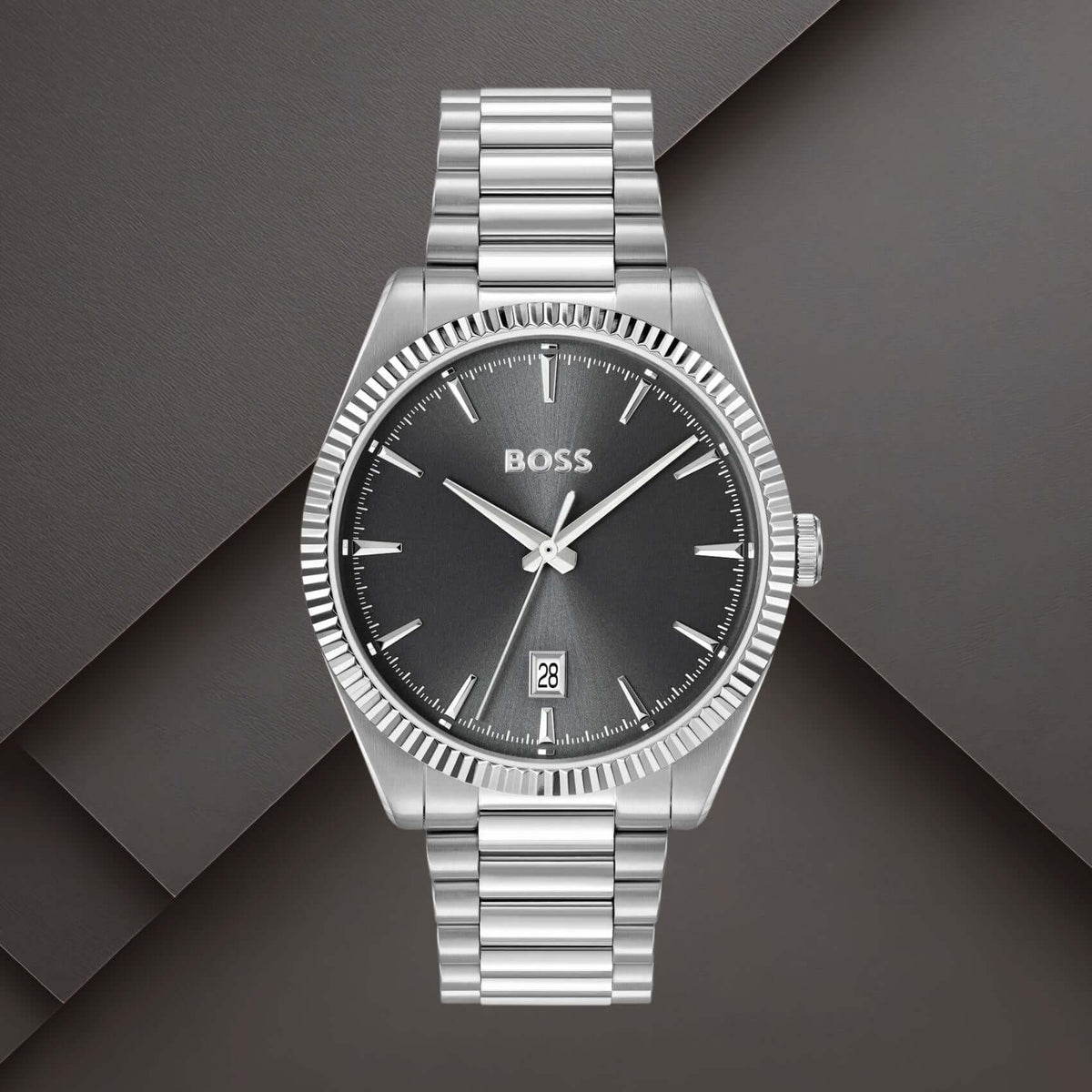 Boss 1514310 ανδρικό ρολόι Cheswick με ασημί μπρασελέ, μαύρο καντράν 40mm και ένδειξη ημερομηνίας.