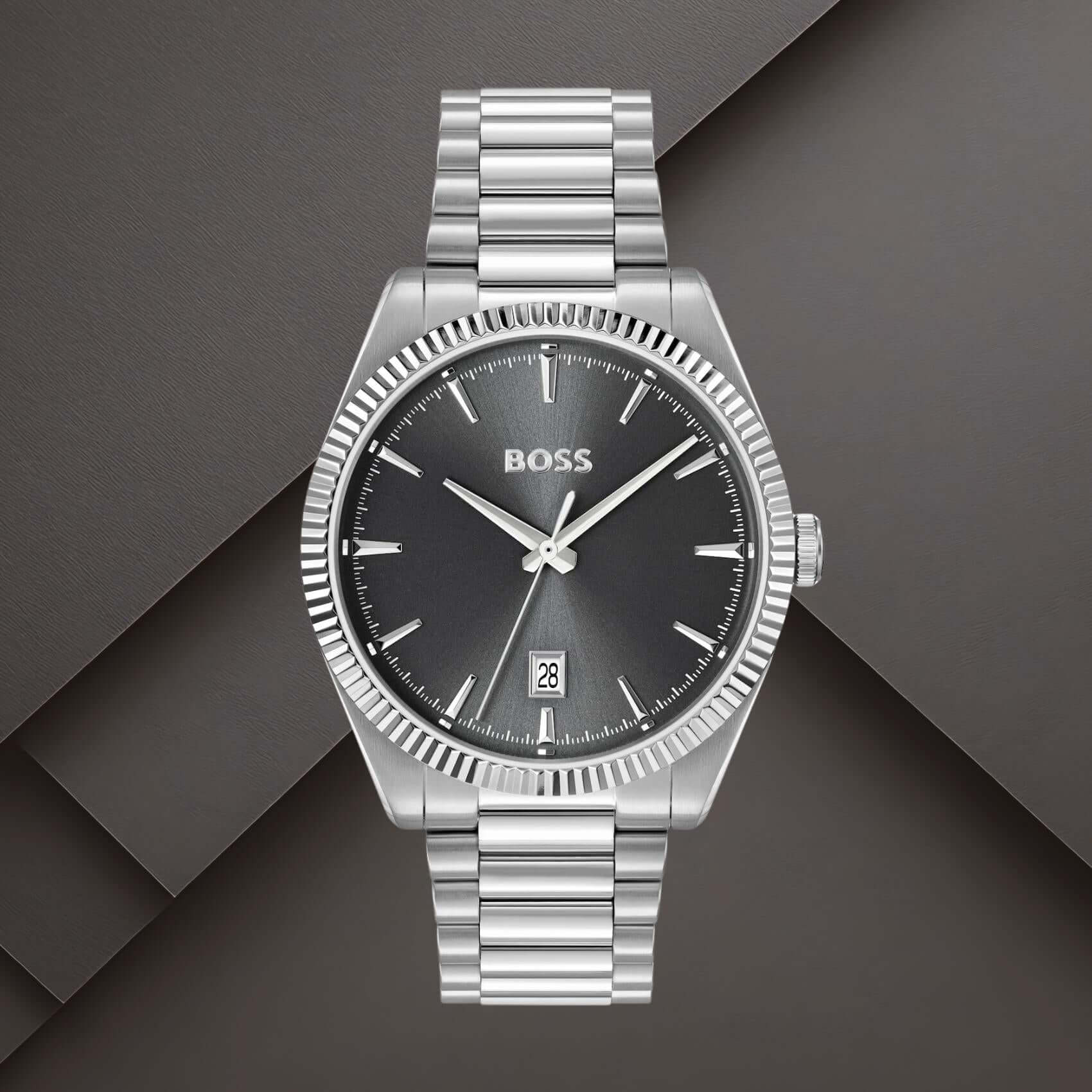 Boss 1514310 ανδρικό ρολόι Cheswick με ασημί μπρασελέ, μαύρο καντράν 40mm και ένδειξη ημερομηνίας.