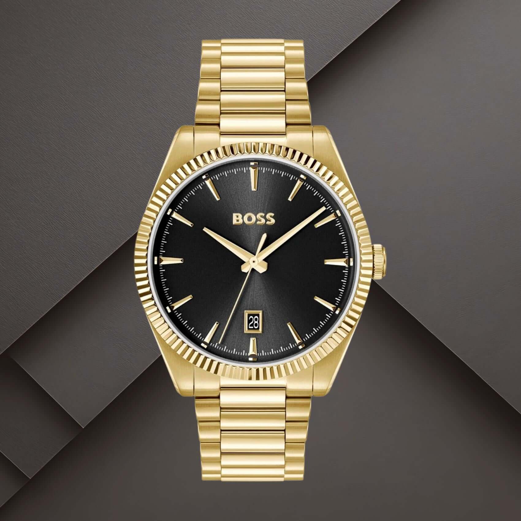 Boss 1514312 ανδρικό ρολόι Cheswick με χρυσό μπρασελέ, μαύρο καντράν 40mm και ένδειξη ημερομηνίας.