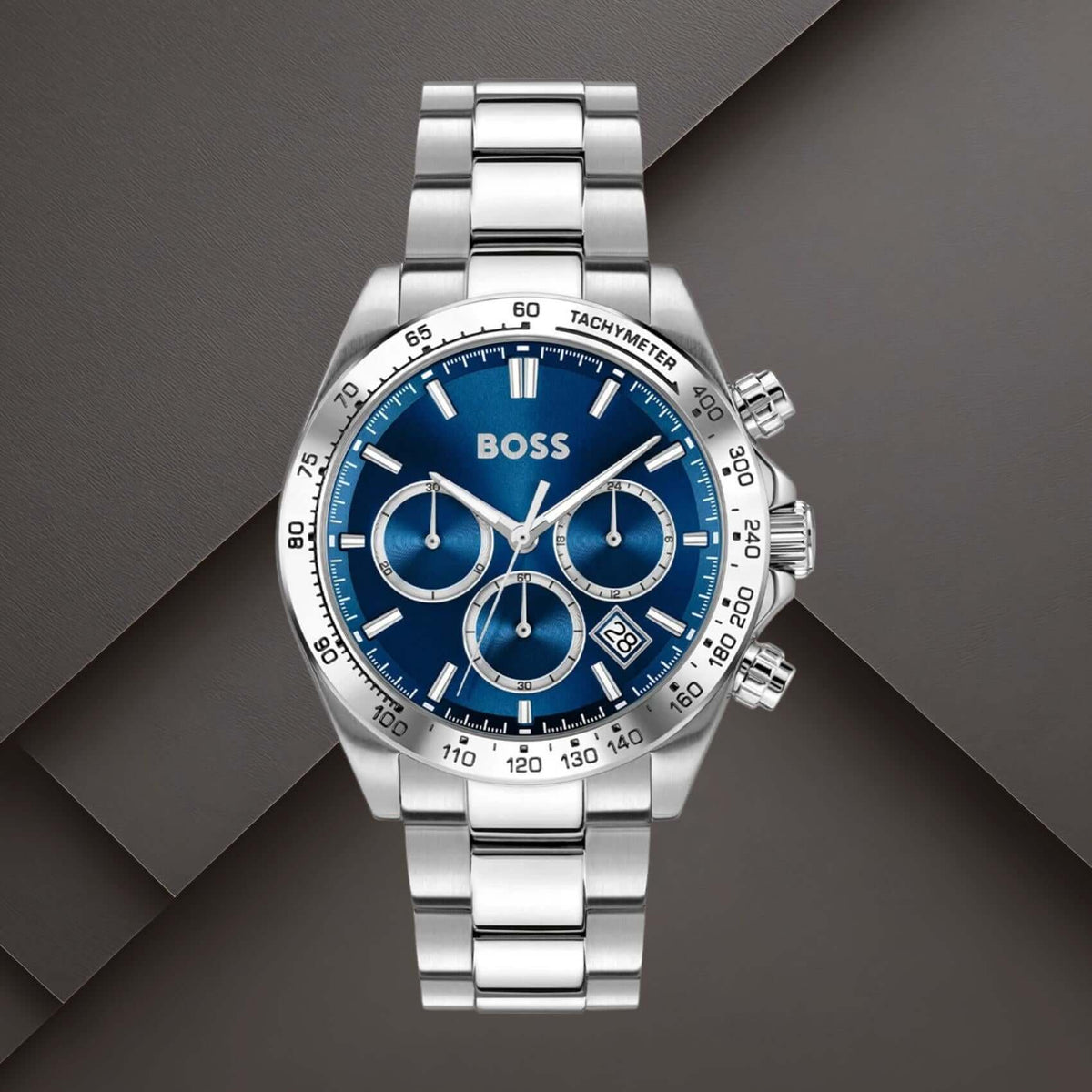 Boss 1514315 ανδρικό ρολόι Hero χρονογράφος με ασημί μπρασελέ, μπλε καντράν 44mm, ένδειξη ημερομηνίας και διπλή ώρα.
