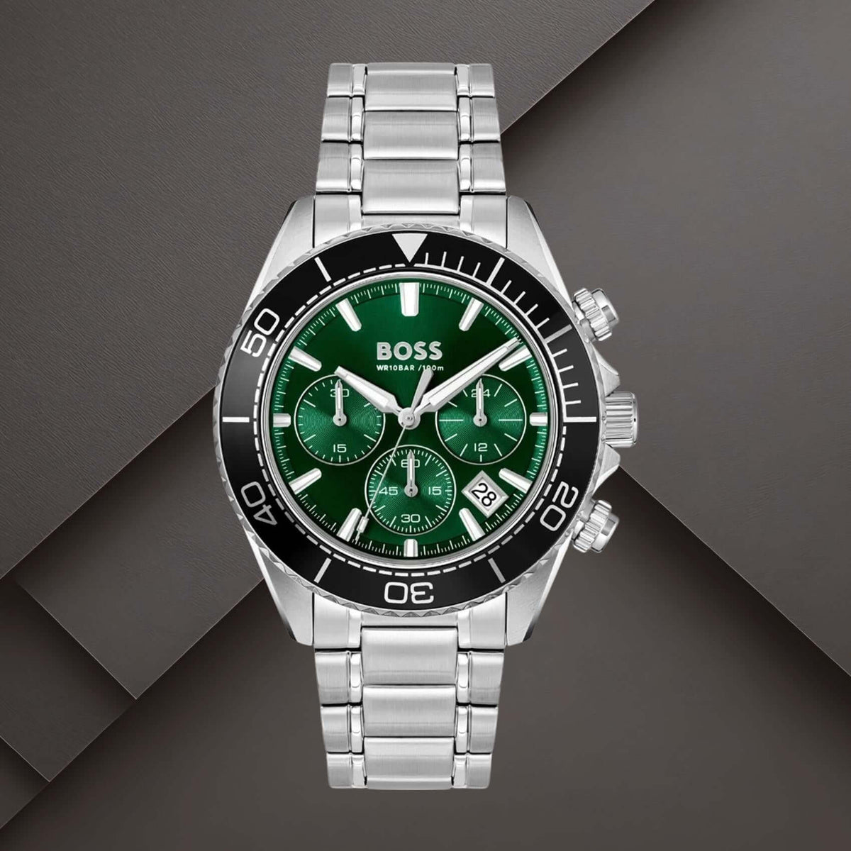 Boss 1514321 ανδρικό ρολόι Sealiner χρονογράφος με ασημί μπρασελέ, πράσινο καντράν 44mm, ένδειξη ημερομηνίας και διπλή ώρα.
