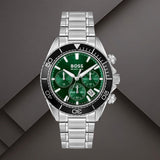Boss 1514321 ανδρικό ρολόι Sealiner χρονογράφος με ασημί μπρασελέ, πράσινο καντράν 44mm, ένδειξη ημερομηνίας και διπλή ώρα.
