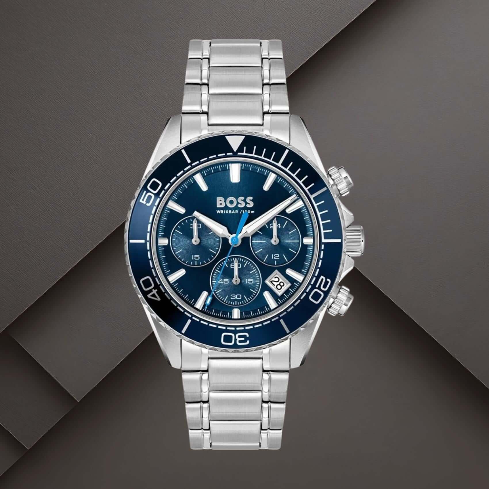 Boss 1514322 ανδρικό ρολόι Sealiner χρονογράφος με ασημί μπρασελέ, μπλε καντράν 44mm, ένδειξη ημερομηνίας και διπλή ώρα.