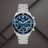 Boss 1514322 ανδρικό ρολόι Sealiner χρονογράφος με ασημί μπρασελέ, μπλε καντράν 44mm, ένδειξη ημερομηνίας και διπλή ώρα.