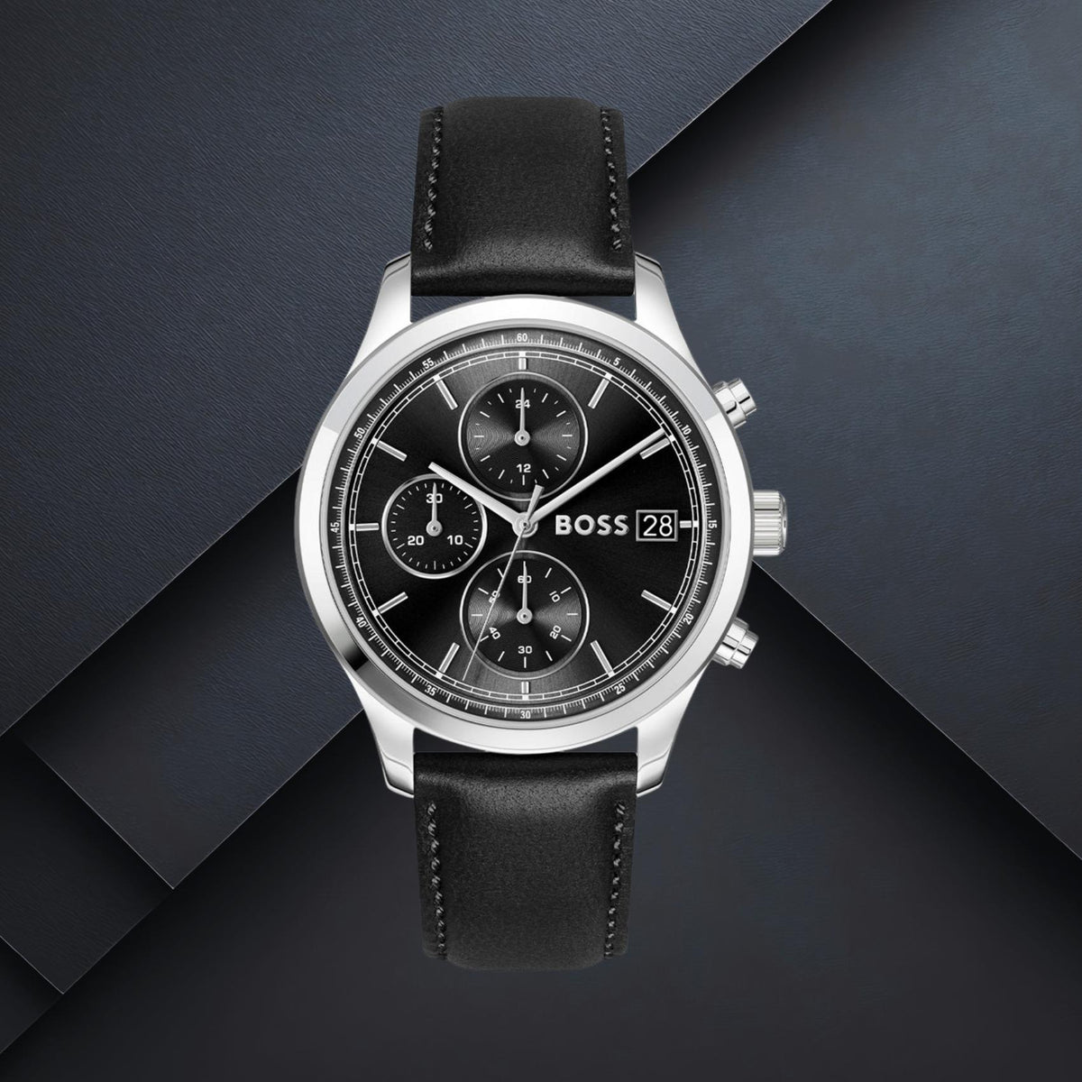 Ανδρικό ρολόι Boss Stratus 1514326 με μαύρο καντράν 41mm, στεγανότητα 5ATM και μαύρο δερμάτινο λουράκι