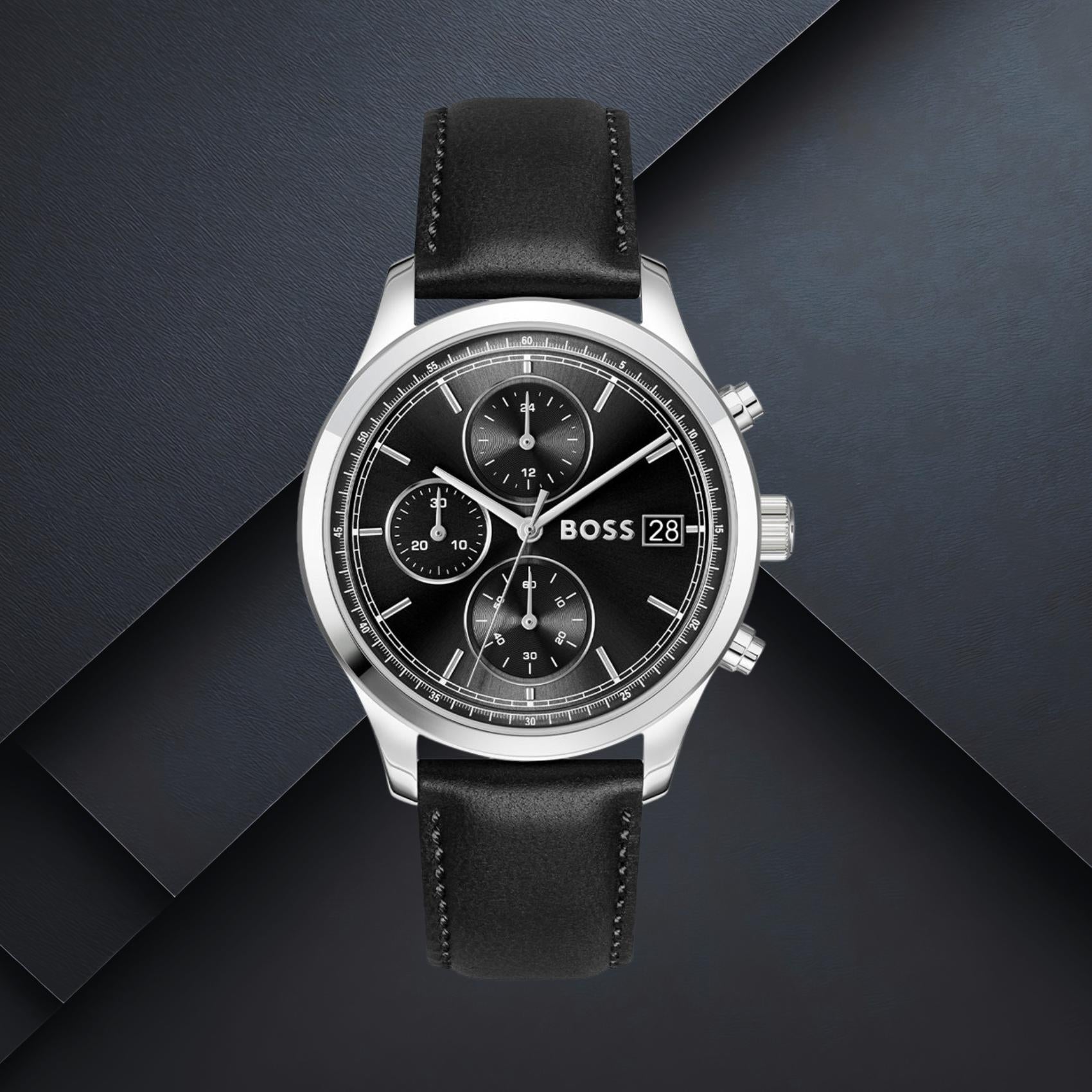 Ανδρικό ρολόι Boss Stratus 1514326 με μαύρο καντράν 41mm, στεγανότητα 5ATM και μαύρο δερμάτινο λουράκι