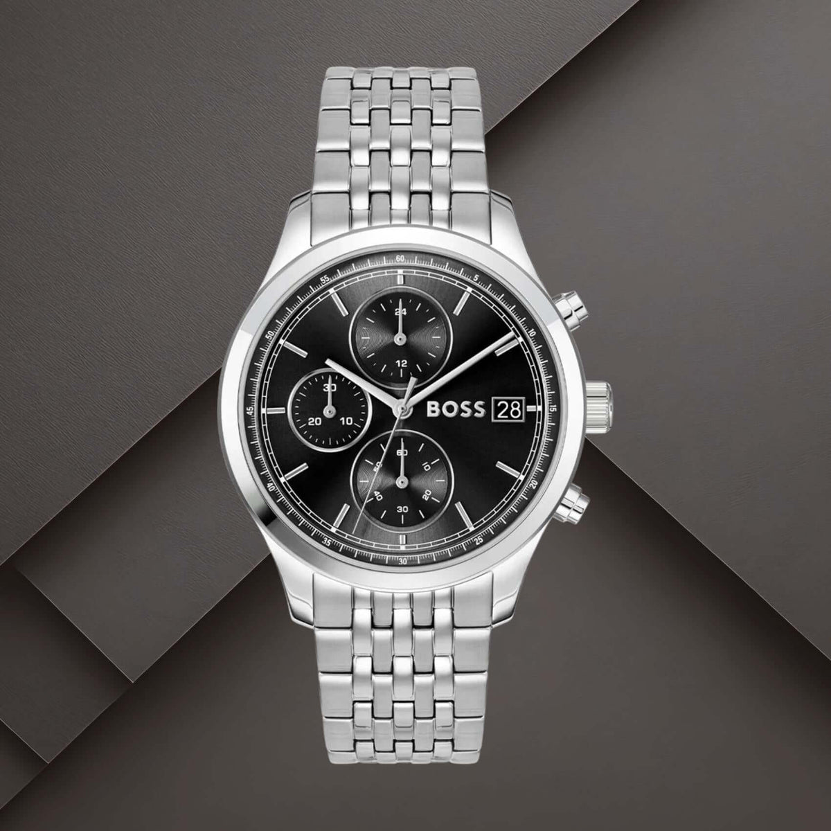 Boss 1514328 ανδρικό ρολόι Stratus χρονογράφος με ασημί μπρασελέ, μαύρο καντράν 41mm, ένδειξη ημερομηνίας και διπλή ώρα.
