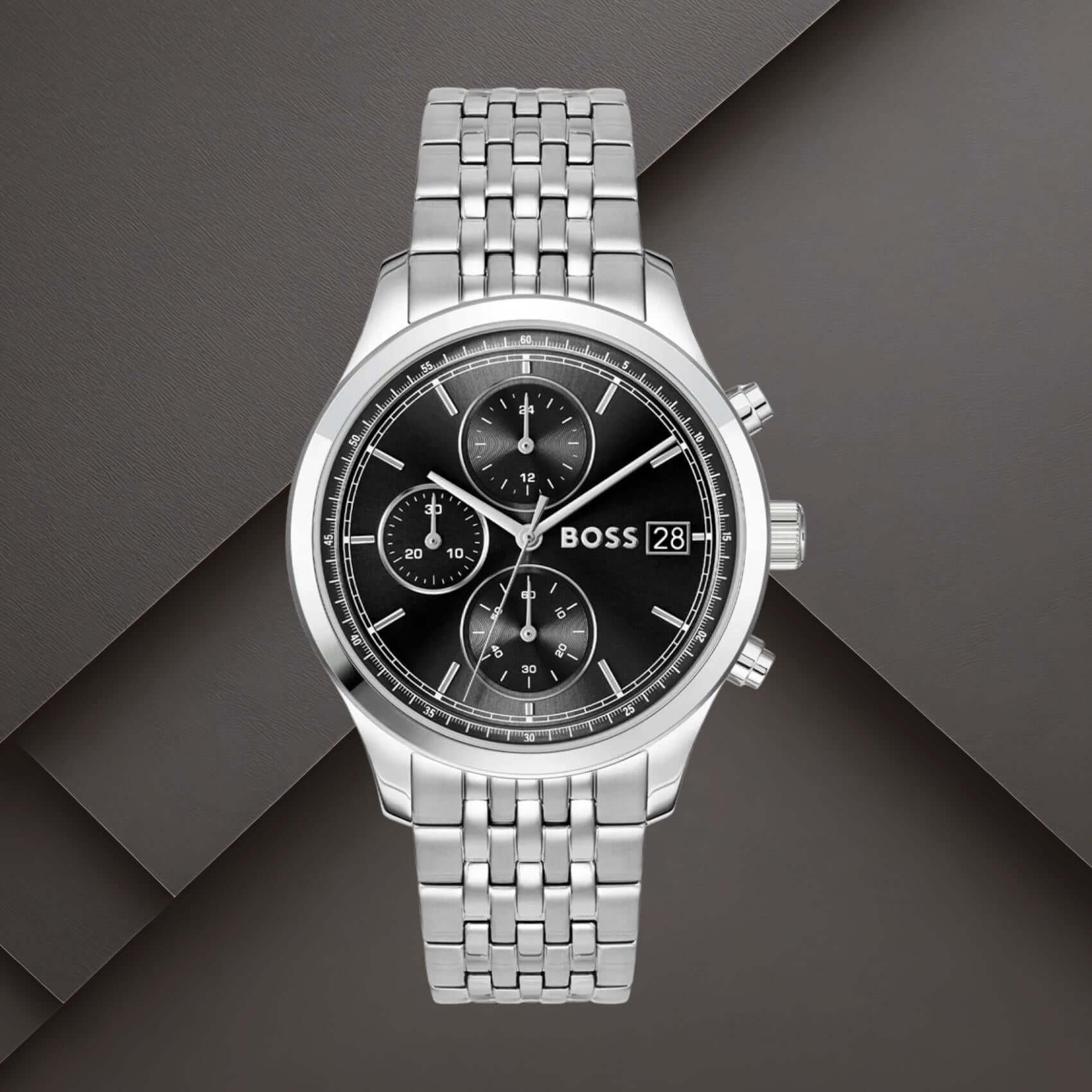 Boss 1514328 ανδρικό ρολόι Stratus χρονογράφος με ασημί μπρασελέ, μαύρο καντράν 41mm, ένδειξη ημερομηνίας και διπλή ώρα.