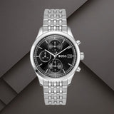 Boss 1514328 ανδρικό ρολόι Stratus χρονογράφος με ασημί μπρασελέ, μαύρο καντράν 41mm, ένδειξη ημερομηνίας και διπλή ώρα.