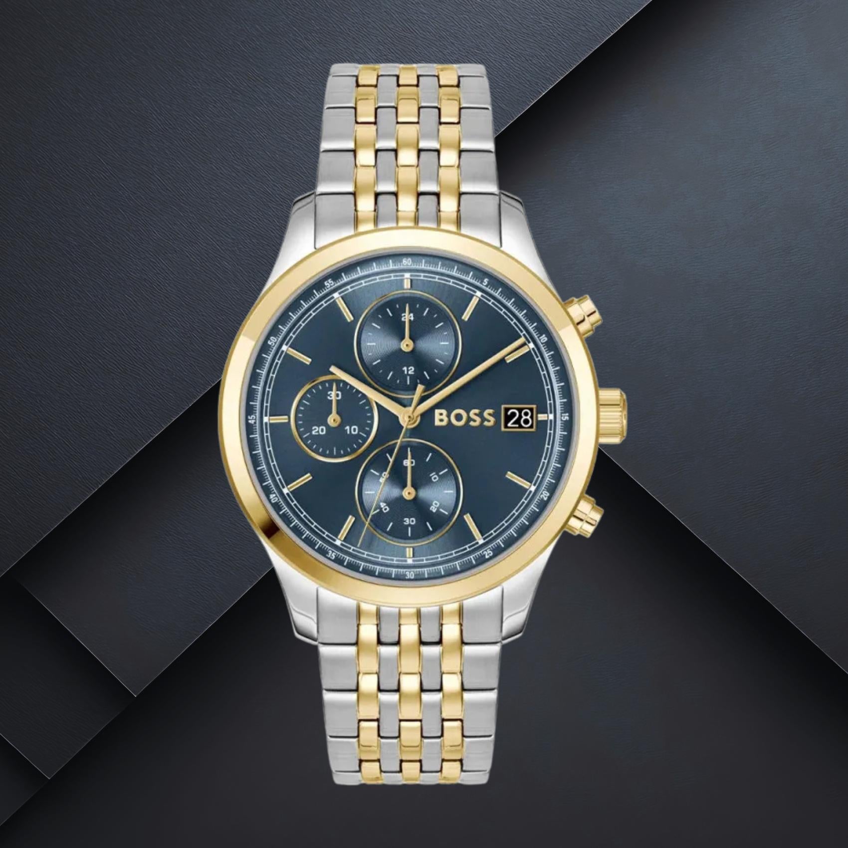Ανδρικό ρολόι Boss Stratus 1514329 με μπλε καντράν 41mm, στεγανότητα 5ATM και δίχρωμο ασημί-χρυσό μπρασελέ