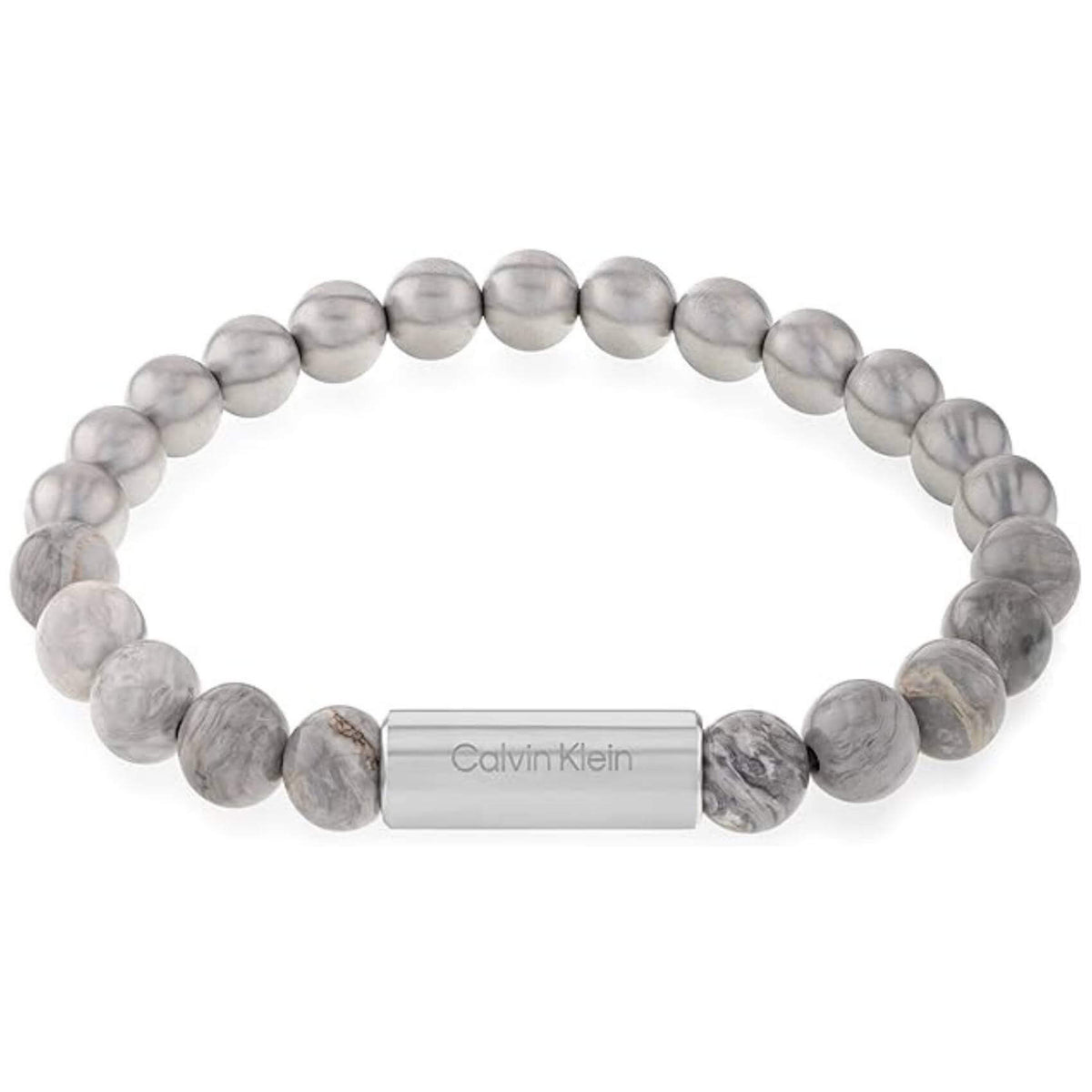 Ανδρικό βραχιόλι Calvin Klein 35000427 με χάντρες ίασπις σε γκρι χρώμα διακοσμημένο με κυλινδρικό στοιχείο από ανοξείδωτο ατσάλι σε ασημί χρώμα.