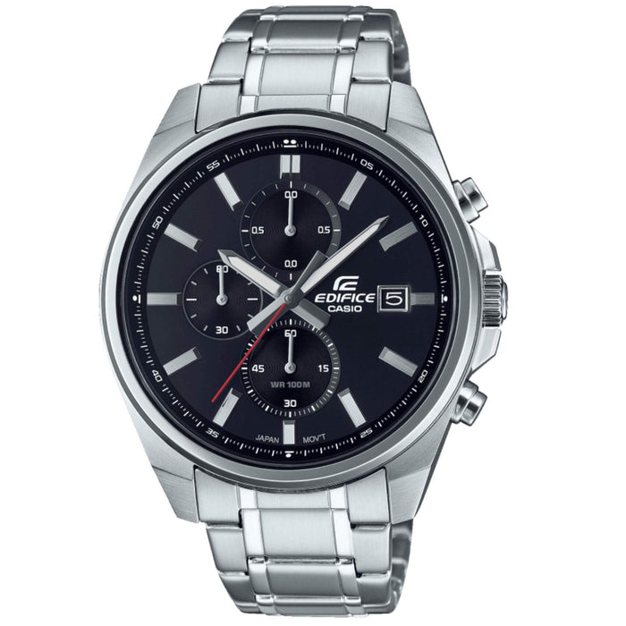Αδιάβροχο ρολόι CASIO Edifice EFV-610D-1AVUEF με ασημί μπρασελέ από ανοξείδωτο ατσάλι, μαύρο καντράν με φωσφορίζον δείκτες, στρογγυλή στεφάνη σε ασημί χρώμα και ένδειξη ημερομηνίας και λειτουργία χρονογράφου.