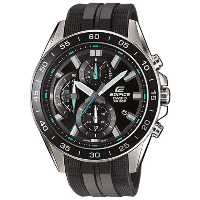 Αδιάβροχο ρολόι CASIO Edifice EFV-550P-1AVUEF-1 με μαύρο λουράκι από καουτσούκ, μαύρο καντράν με φωσφορίζον δείκτες, στεφάνη σε μαύρο χρώμα και λειτουργία χρονογράφου.