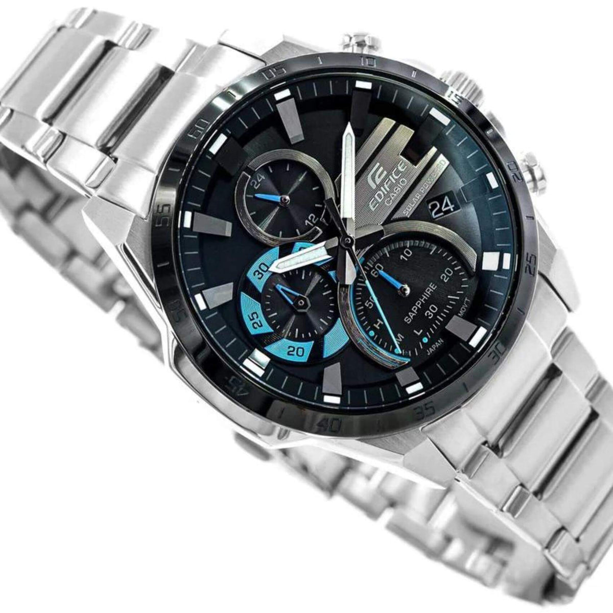 Ρολόι χρονογράφος Casio Edifice Classic Solar EFS-S620DB-1BVUEF με άσημί ατσάλινο μπρασελέ και μαύρο καντράν διαμέτρου 45,5mm σε στρογγυλό σχημα.