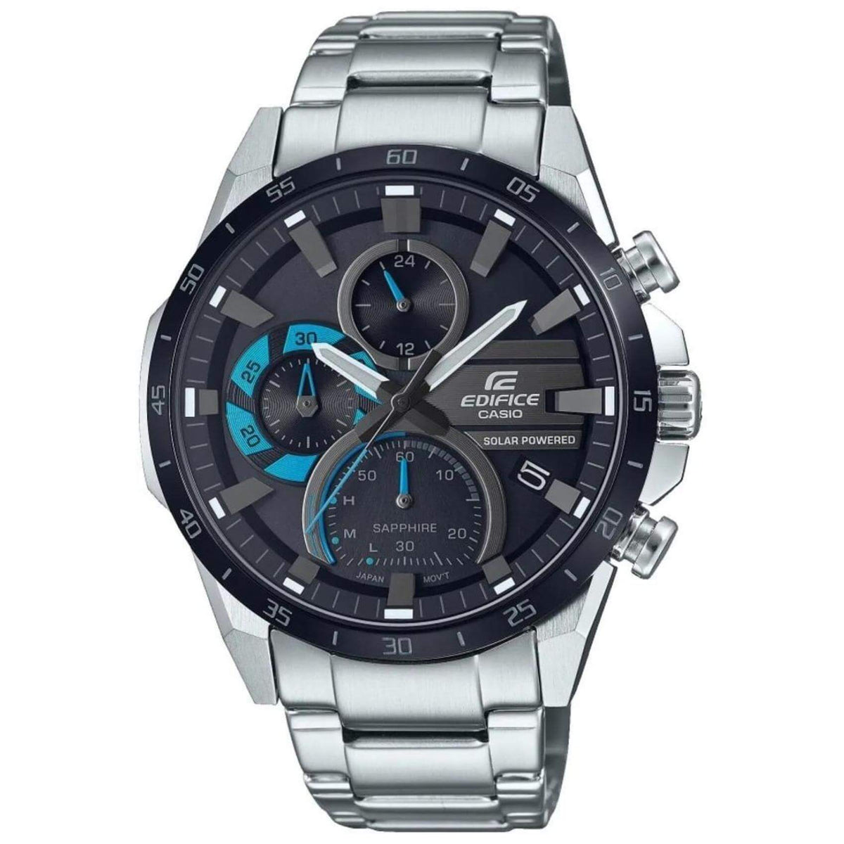 Ρολόι χρονογράφος Casio Edifice Classic Solar EFS-S620DB-1BVUEF με άσημί ατσάλινο μπρασελέ και μαύρο καντράν διαμέτρου 45,5mm σε στρογγυλό σχημα.