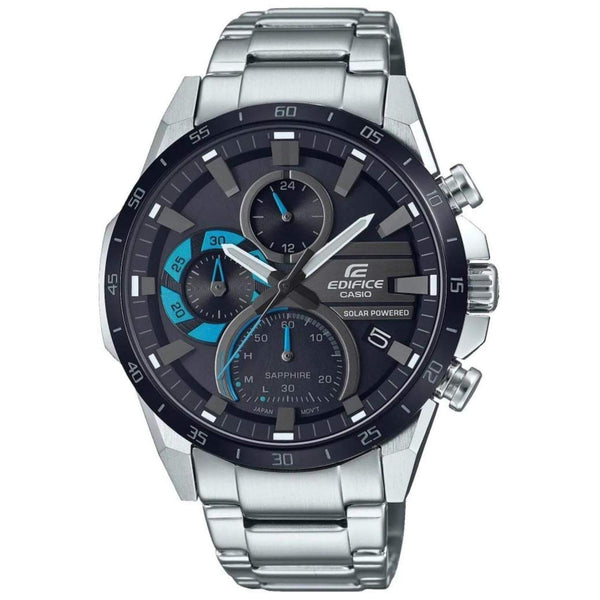 Ρολόι χρονογράφος Casio Edifice Classic Solar EFS-S620DB-1BVUEF με άσημί ατσάλινο μπρασελέ και μαύρο καντράν διαμέτρου 45,5mm σε στρογγυλό σχημα.