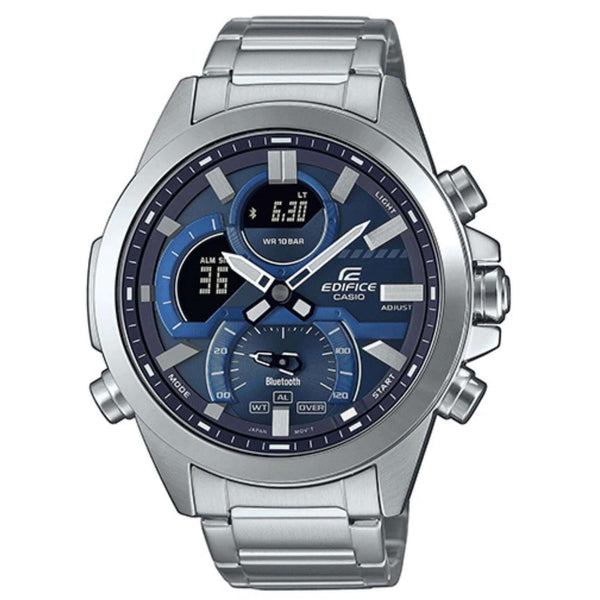 Ανδρικό ρολόι χρονογράφος Casio Edifice ECB-30D-2AEF με ασημί ατσάλινο μπρασελέ και μπλε καντράν, διαμέτρου 42mm με ημερομηνία.