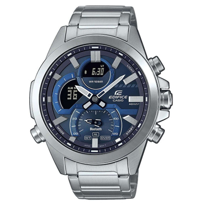 Ανδρικό ρολόι χρονογράφος Casio Edifice ECB-30D-2AEF με ασημί ατσάλινο μπρασελέ και μπλε καντράν, διαμέτρου 42mm με ημερομηνία.