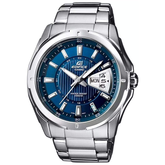 Αδιάβροχο ρολόι CASIO Edifice EF-129D-2AVEF με ασημί μπρασελέ από ανοξείδωτο ατσάλι, μπλε καντράν με φωσφορίζον δείκτες, στρογγυλή στεφάνη σε ασημί χρώμα και ένδειξη ημέρας και ημερομηνίας.