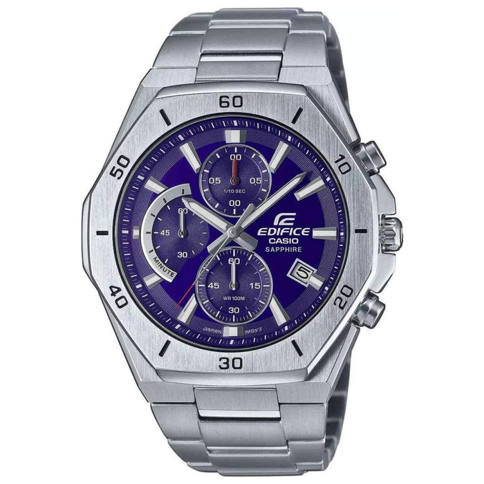 Αδιάβροχο ρολόι CASIO Edifice EFB-680D-2BVUEF με ασημί μπρασελέ από ανοξείδωτο ατσάλι, μπλε καντράν με φωσφορίζον δείκτες, οκτάγωνη στεφάνη σε ασημί χρώμα και λειτουργία χρονογράφου.