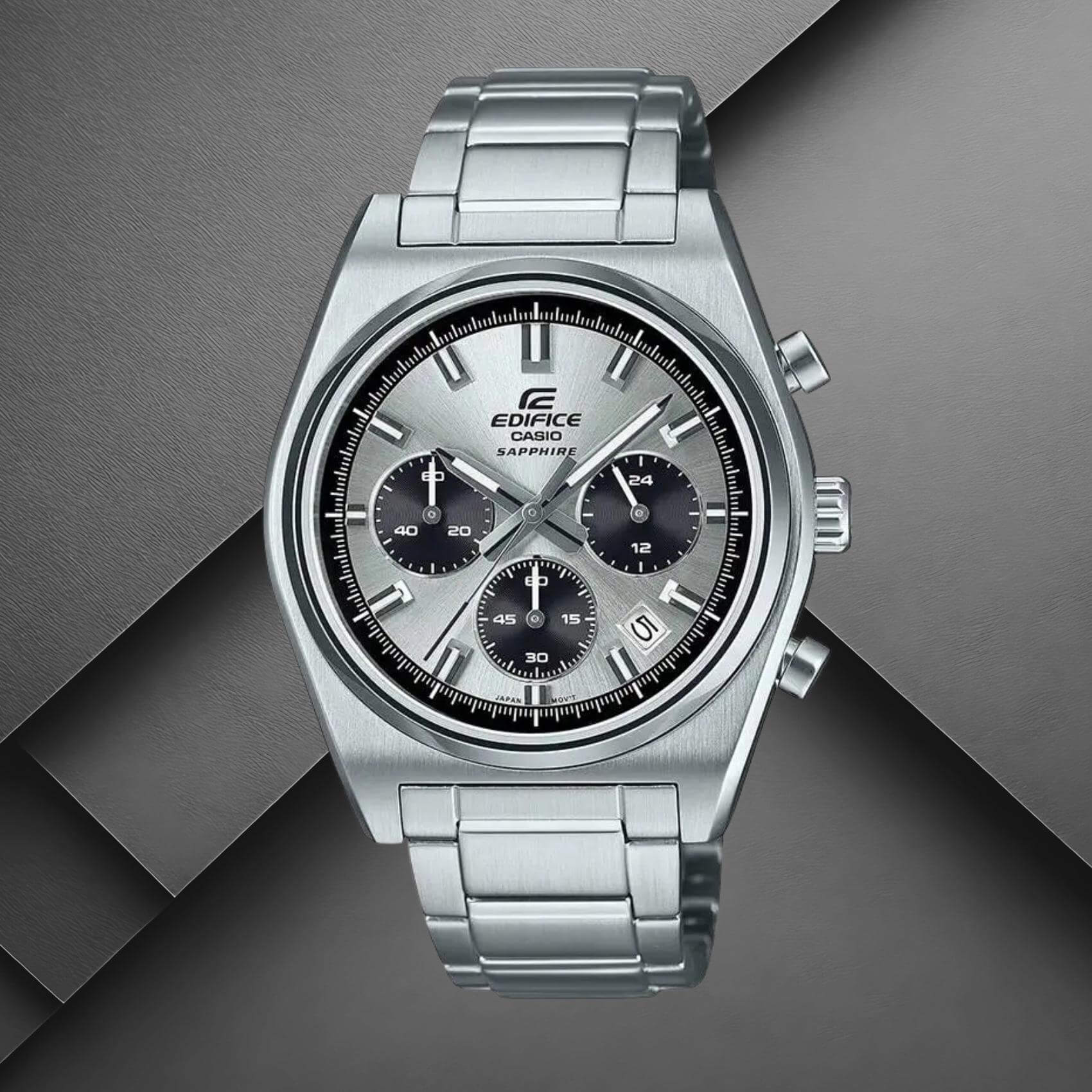 Ανδρικό ρολόι Casio Edifice EFB-730D-7AVUEF χρονογράφος με ασημί ατσάλινο μπρασελέ και ασημί καντράν σε background.