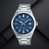Ανδρικό ρολόι Casio Edifice EFV-160D-2AVEF με ασημί ατσάλινο μπρασελέ και μπλε καντράν σε background.